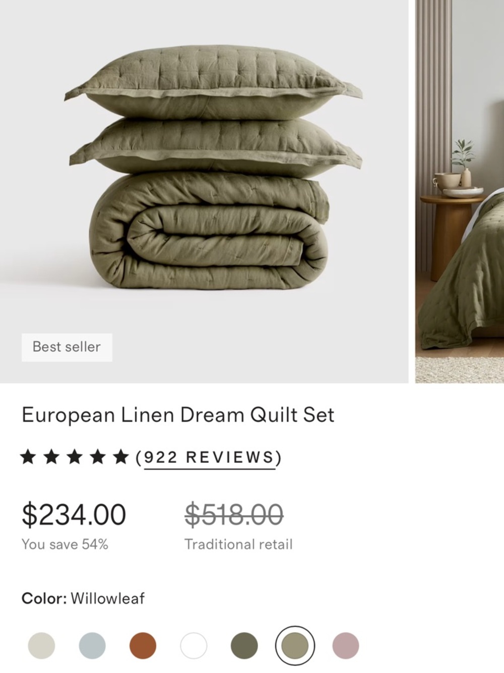 Quince Willowleaf European Linen Quilt Set- King/Cal King